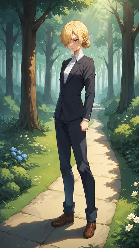 score_9,score_8_up,score_7_up,score_6_up, source_anime, zPDXL3, <lora:xl_more_art-full_v1:0.5>, woman, dynamic pose, touching toes, <lora:Kagali - Pony-000004:0.8>, blonde hair, hair up, braids, pointy ears, elf ears, hair over one eye, blue eyes, white collared shirt, black suit, suit jacket, suit pants, forest clearing, wild flowers, light rays,