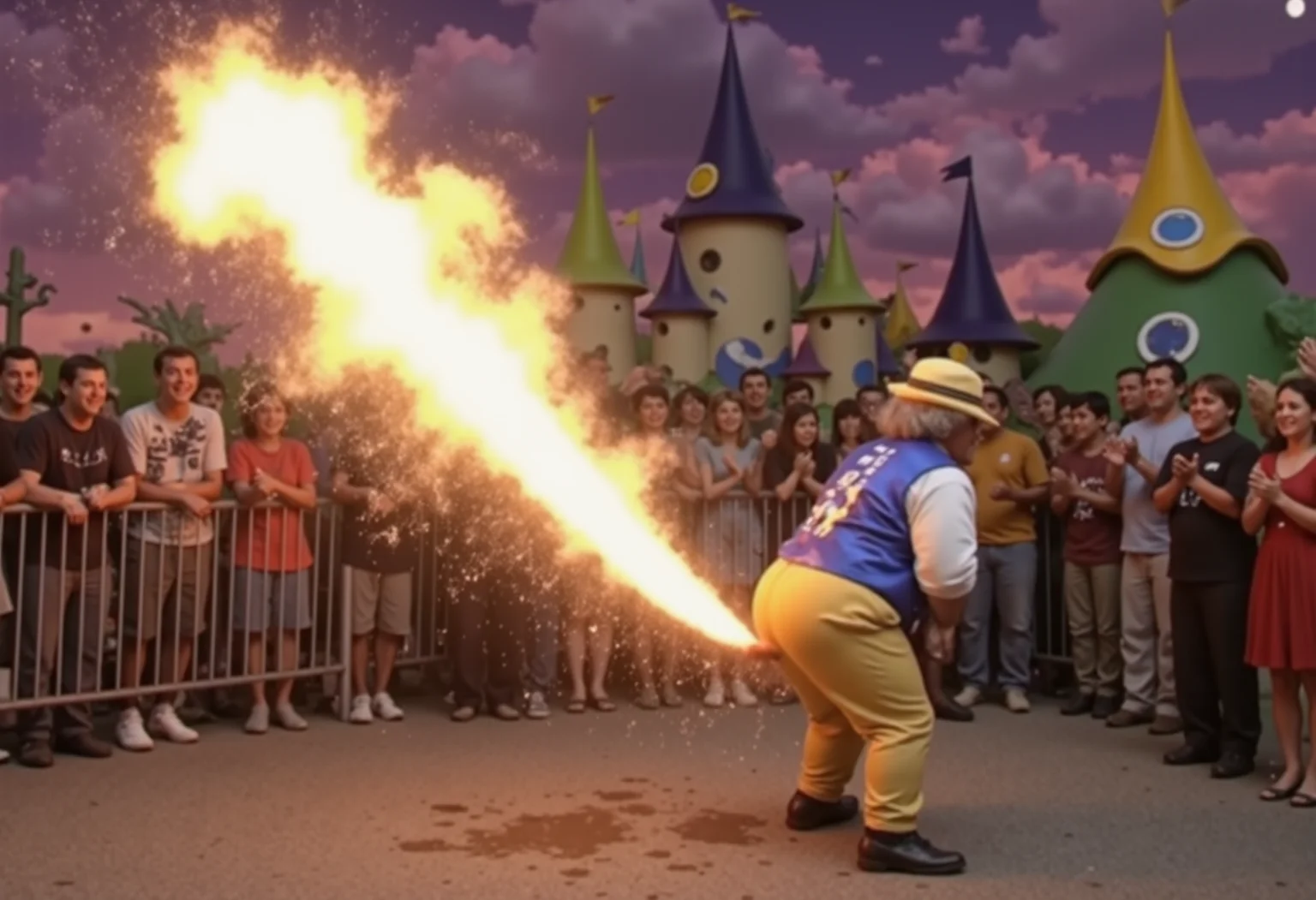 The most popular man in It's a Small World is pooping fire from his rear end.