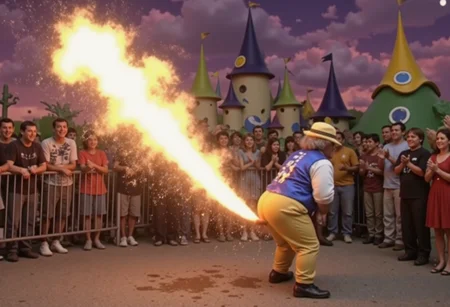 The most popular man in It's a Small World is pooping fire from his rear end.