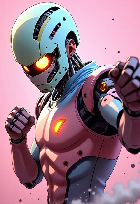 nistyle, ajpasbot. Hyperdetailed high Quality cgi Artwork, A extrem detailed Upper body Photography of futuristic G3nos genos from one punch man AS humanoid robot in fight stance, structure with tiny futuristic exoskeleton like biomechanical structures, delivering powerful Punch, flying debris and Motion lines, translucent pastel colored, atmospheric lighting, atmospheric Haze,