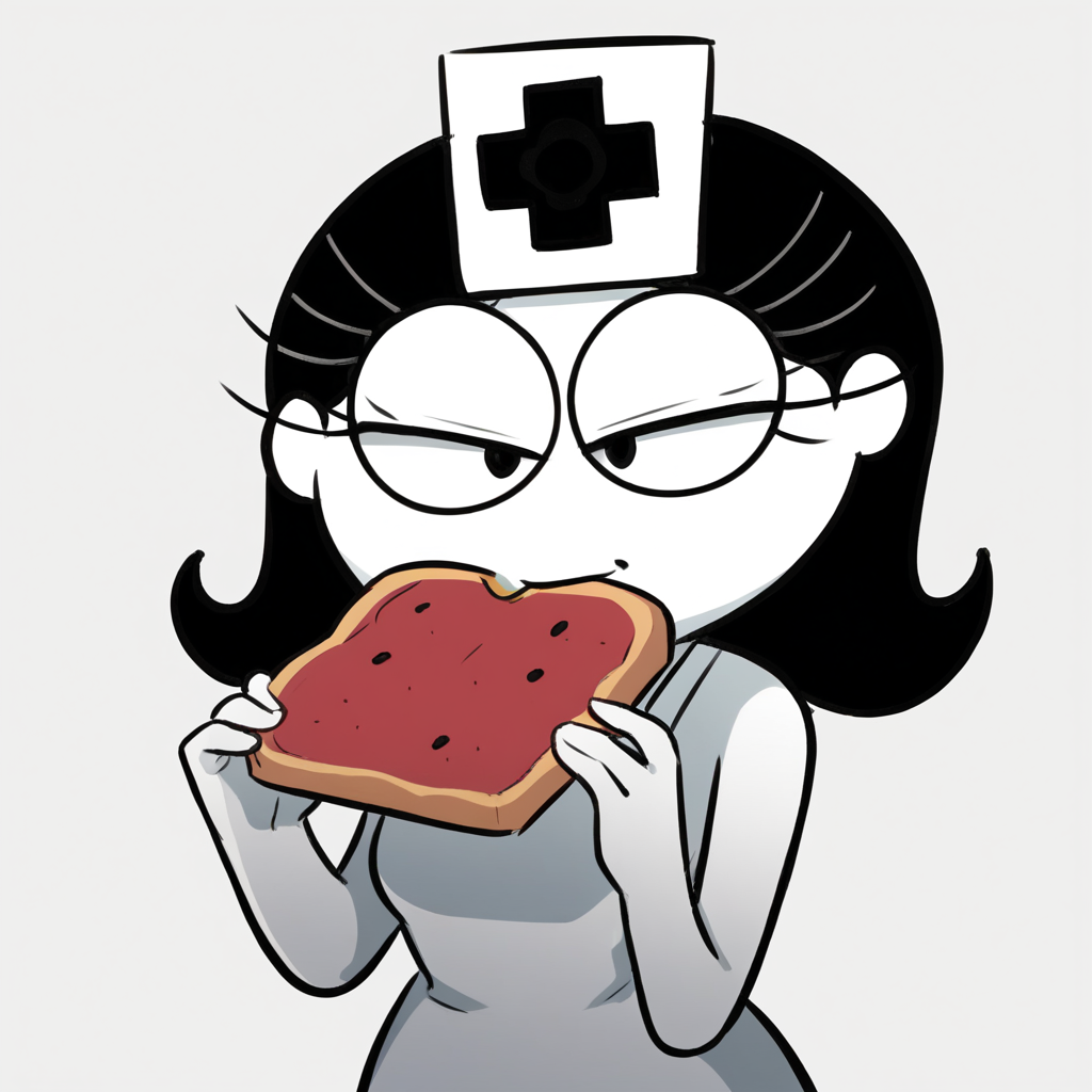 score_9_up, score_8_up, BREAK, NursepopTarts, 1girl, solo, black hair, black eyes, white skin, nurse cap, white dress, upper body, <lora:NursePoptarts_PXL_Leaf2:1>, food, pop-tarts,