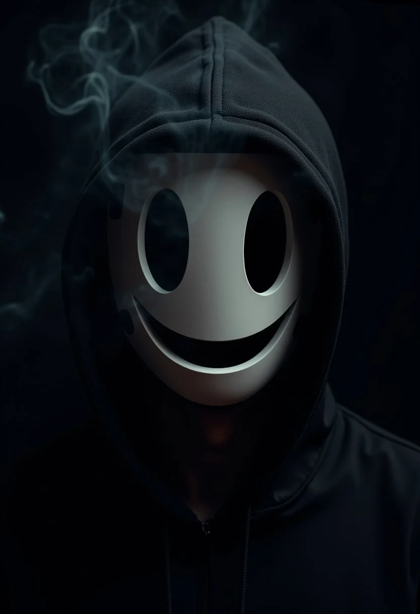 The photograph is a close up of a man wearing a highrise_mask with no nose and no mouth.. The photograph gives off a mysterious vibe with a black background and white smoke