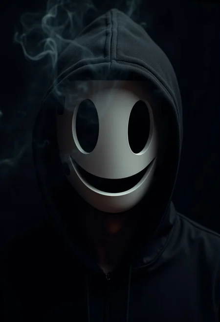 The photograph is a close up of a man wearing a highrise_mask with no nose and no mouth.. The photograph gives off a mysterious vibe with a black background and white smoke