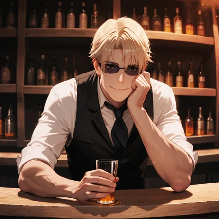 masterpiece, best quality, amazing quality, absurdres, newest, detailed background, definition so sharp, Ultra-HD, 8K cinematic, very awa, impressionate, amazing quality, highres, 
solo, male focus, manly, 
1boy, short hair, izumo_blonde, izumo_brown eyes, izumokusanagi, sunglasses \(pushed up\), bartender uniform, white shirt, black vest, rolled sleeves, wiping glass, warm lighting, cozy bar, wooden counter, bokeh, subtle glow, relaxed, inviting, professional, looking at viewer, gentle smile,