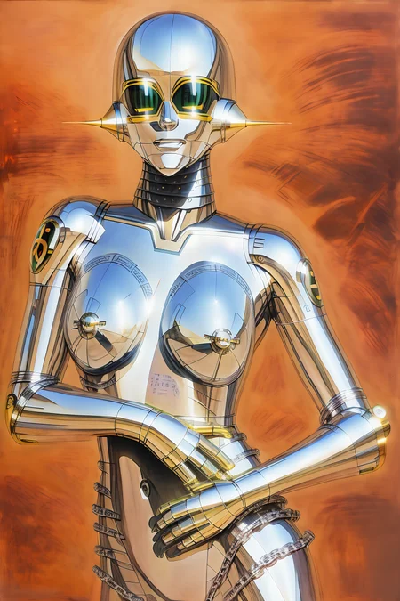CHARACTER, ((silver skin)), (metallic), ANDROID, RETRO FUTURE, scifi background, HAJIME SORAYAMA, was-hs