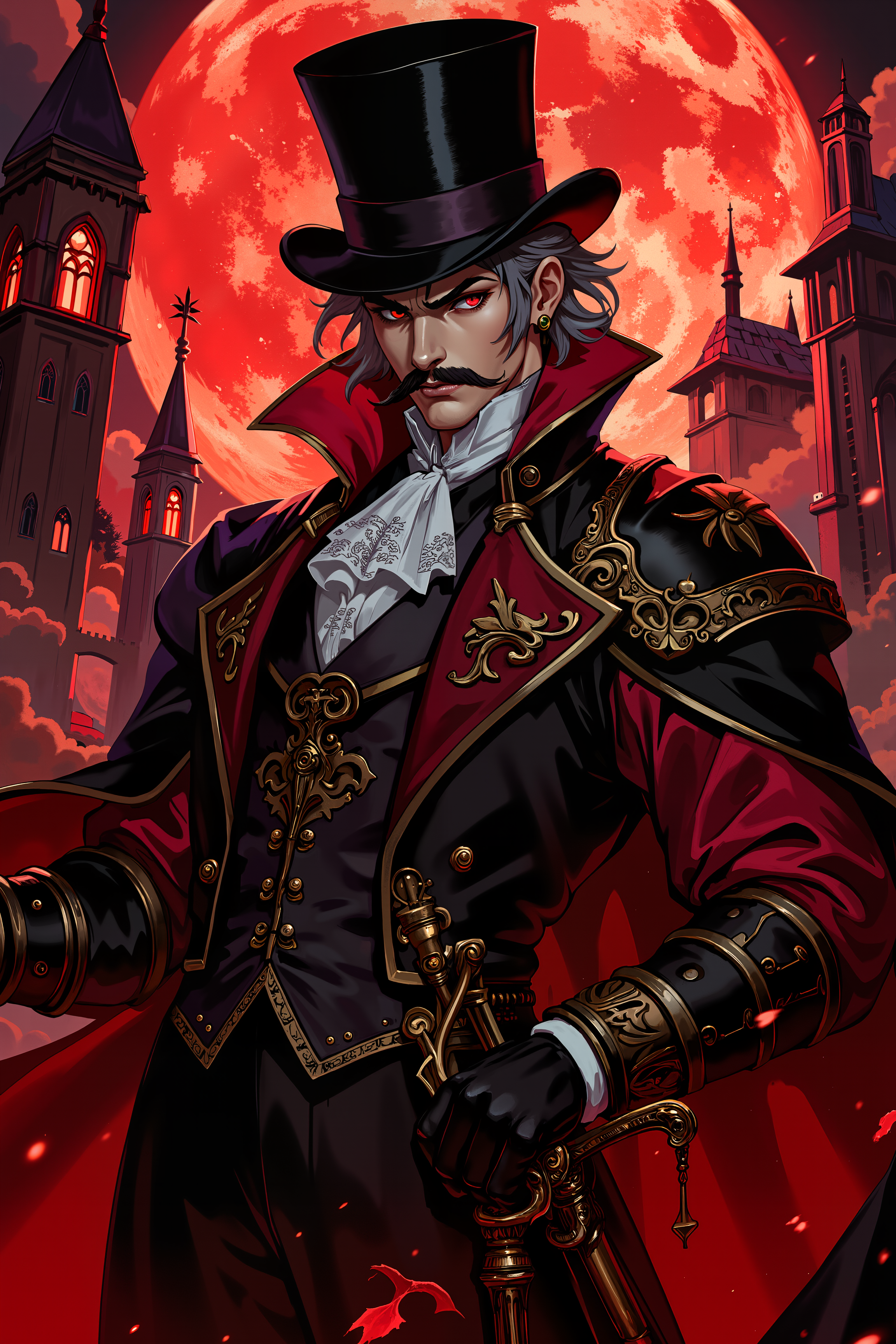 A vampire aristocrat soars in perfect form, his enchanted tophat containing a pocket dimension of weapons. His cane conceals a blade of crystallized moonlight that sings as he strikes. His evening wear is actually ancient armor glamoured to maintain appearances. Gothic spires loom against a blood-red moon behind him. His perfectly groomed mustache defies gravity, red eyes gleam with predatory grace, and his pale features broadcast noble contempt. , detailed background  Fantastic lighting. Detailed shadows.intricate details, vivid colors, hyper-detailed, ultra-sharp, , <lora:XRSTYLE_FLUX:0.7><lora:RetroAnimeFluxV1:0.4><lora:MoriiMee_Gothic_Niji_Style_FLUX:0.3>