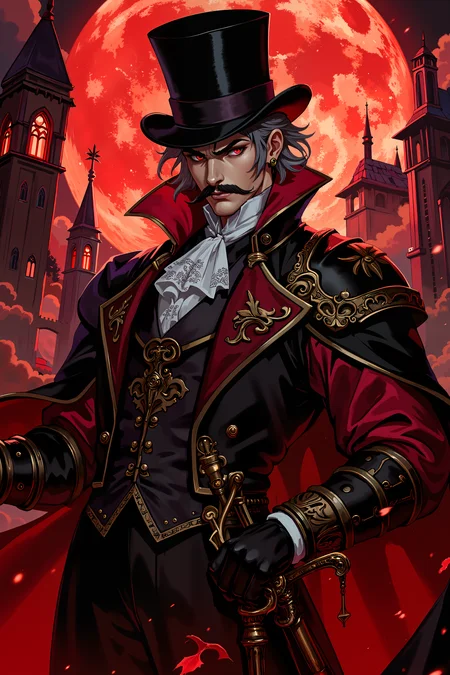 A vampire aristocrat soars in perfect form, his enchanted tophat containing a pocket dimension of weapons. His cane conceals a blade of crystallized moonlight that sings as he strikes. His evening wear is actually ancient armor glamoured to maintain appearances. Gothic spires loom against a blood-red moon behind him. His perfectly groomed mustache defies gravity, red eyes gleam with predatory grace, and his pale features broadcast noble contempt. , detailed background Fantastic lighting. Detailed shadows.intricate details, vivid colors, hyper-detailed, ultra-sharp, , <lora:XRSTYLE_FLUX:0.7><lora:RetroAnimeFluxV1:0.4><lora:MoriiMee_Gothic_Niji_Style_FLUX:0.3>