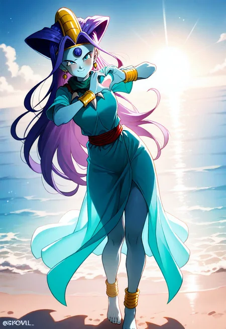 masterpiece, best quality, amazing quality, very aesthetic, absurdres, newest, volumetric lighting, holographic colors, cute, gradient colors, masterpiece, best quality, amazing quality, very aesthetic, absurdres, newest, volumetric lighting,source cartoon, 
BREAK
sfw, 
 ambient occlusion, raytracing, soft lighting, blum effect, masterpiece, absolutely eye-catching, particles, glow, shining, intricate cinematic background, (beautiful face),  
BREAK
masterpiece, highly detailed,perfect face,1girl, oceanus shenron (dragon ball gt),dragon ball Z art style,oceanus shenron,blue eyes,detailed eyes,blue skin,very long hair,purple hair,dress,blue dress,aqua dress,dragon ball (object),forehead jewel,jewelry,gold headdress,gold earrings,gold bracelet,multiple anklets,multiple bracelets,necklace,colored skin,aqua skin,barefoot,smile,heart hands,looking at viewer,beachside back background,ocean,day,sun,sunlight,
<lora:spo_sdxl_10ep_4k-data_lora_webui:0.6> <lora:ponyv5_noobV065S_1_adamW-000013:0.7> <lora:oceanus_shenron-000008:0.8>