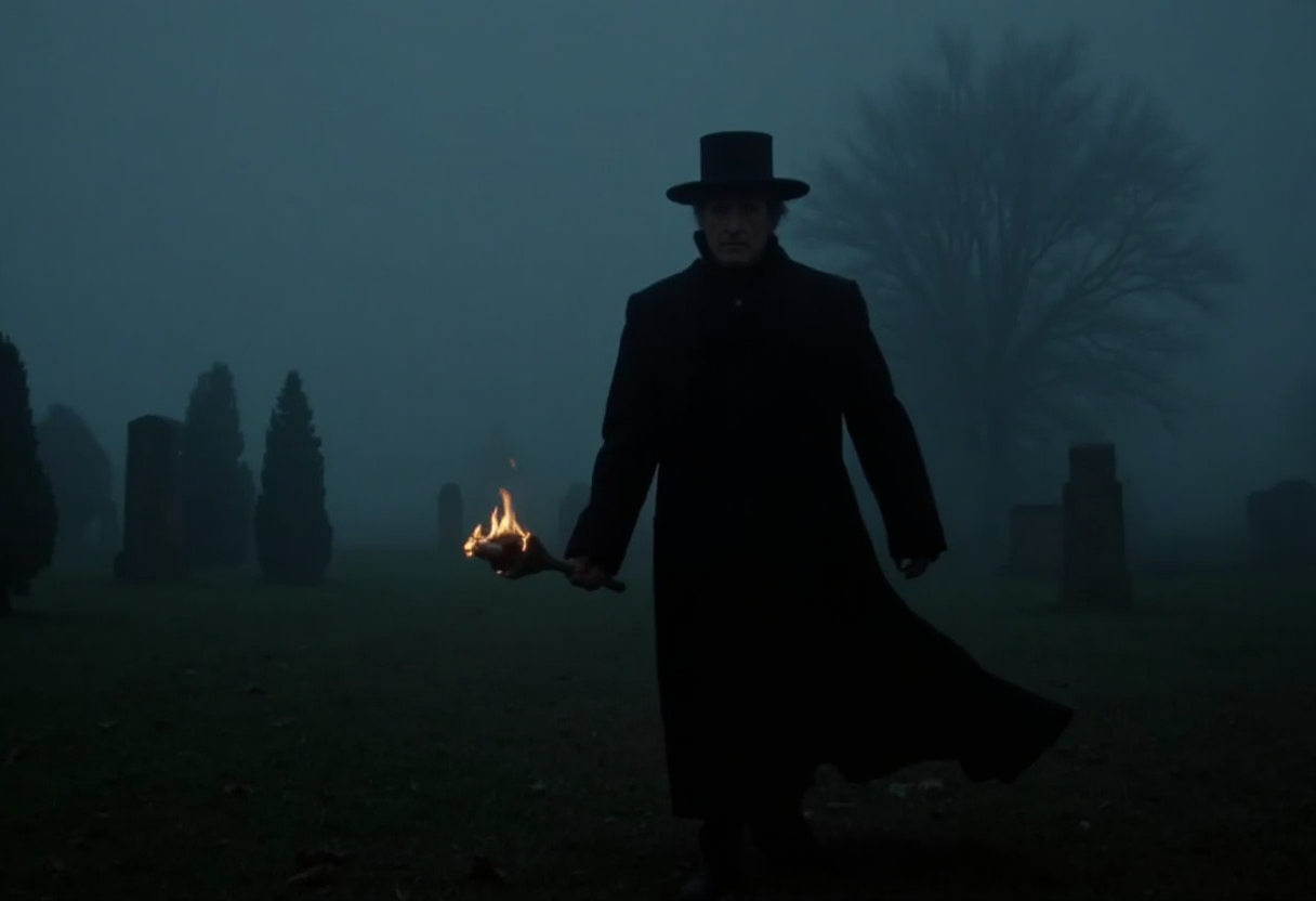 medium shot of a puritan man in a black coat and black hat walking over a foggy cemetary, holding a torch in one hand, low light at night <lora:hammer-000073:1>