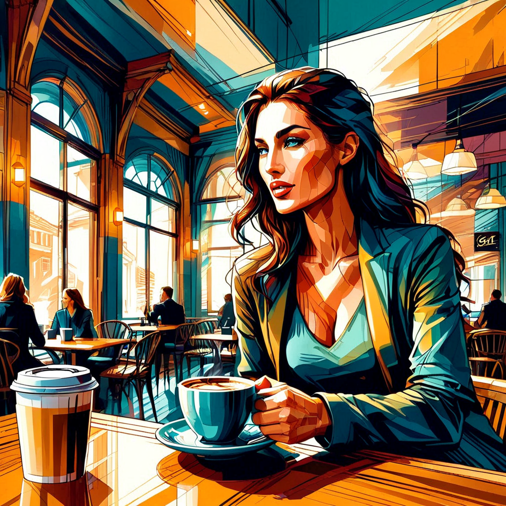 InkBlast, a woman having a cup of coffee at the cafe