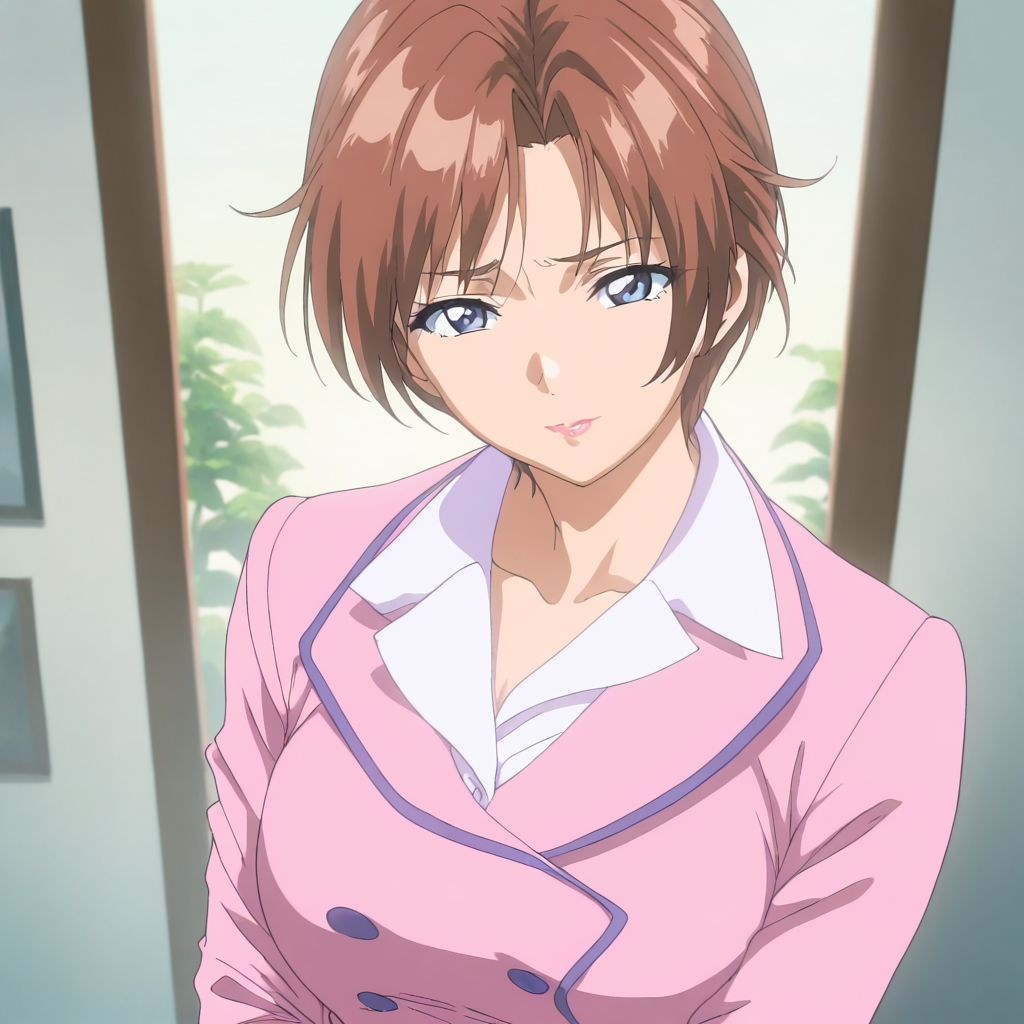 solo,looking at viewer,upper_body,portrait,masterpiece,high score,great score,absurdres,anime coloring,<lora:Ayano_Kashiwagi ag4o v1:1> ayano_kashiwagi, brown hair, short hair, blue eyes, mature_female,skirt suit,long sleeves,
