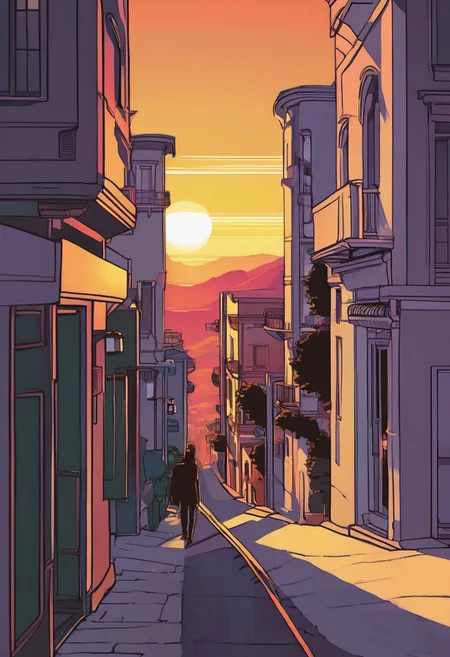 Minimalist, (Masterpiece Digital Artwork:1.3) of (Graphic novel:1.3),(Peaceful:1.3) Neon grey, ceramic,imaginative,dreamlike,unusual,primordial, fantasy, masterpiece, highly detailed,<lora:attractive_notrigger:0>, <lora:ancient_shadows_of_the_lens-FluxDev:1> ,(by Artist Theo Van Rysselberghe:1.3),CGSociety,ArtStation,(Funk Art:1.3),(Kodak Portra:1.3), Simple, clean, uncluttered, futurustic city, elegant, the sun setting in the distance