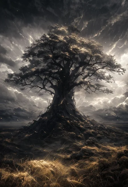 A high-resolution, dramatic photograph of a lone tree standing in the middle of a golden field of tall, swaying grass. Above, dark, stormy clouds dominate the sky, with a break in the clouds allowing a glimpse of light to shine through, creating a striking contrast between the dark sky and the illuminated landscape. The scene is moody and atmospheric, evoking a sense of impending storm and the beauty of nature's raw power. The tree, with its gnarled branches and dark leaves, stands as a focal point against the vast, turbulent sky.