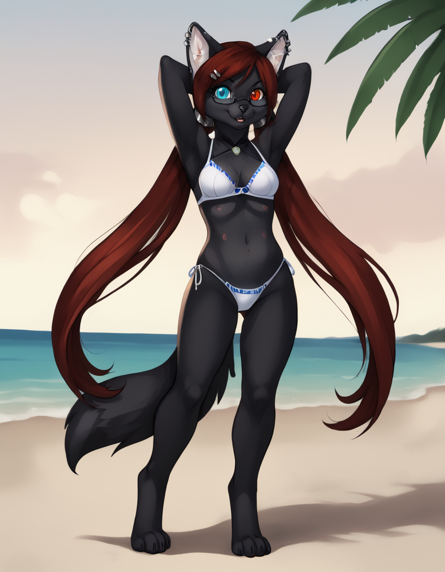 outdoors,detailed background,beach,
Sherly_Karu,1girl,solo,animal ears,furry female,red hair,long hair,heterochromia,black fur,glasses,twintails,blue eyes,red eyes,piercing,body fur,cat ears,animal nose,
full body,seductive smile,happy,arms behind head, 
swimsuit,bra,thong bikini,
<lora:Sherly_Karu_v01_PDXL:1>,