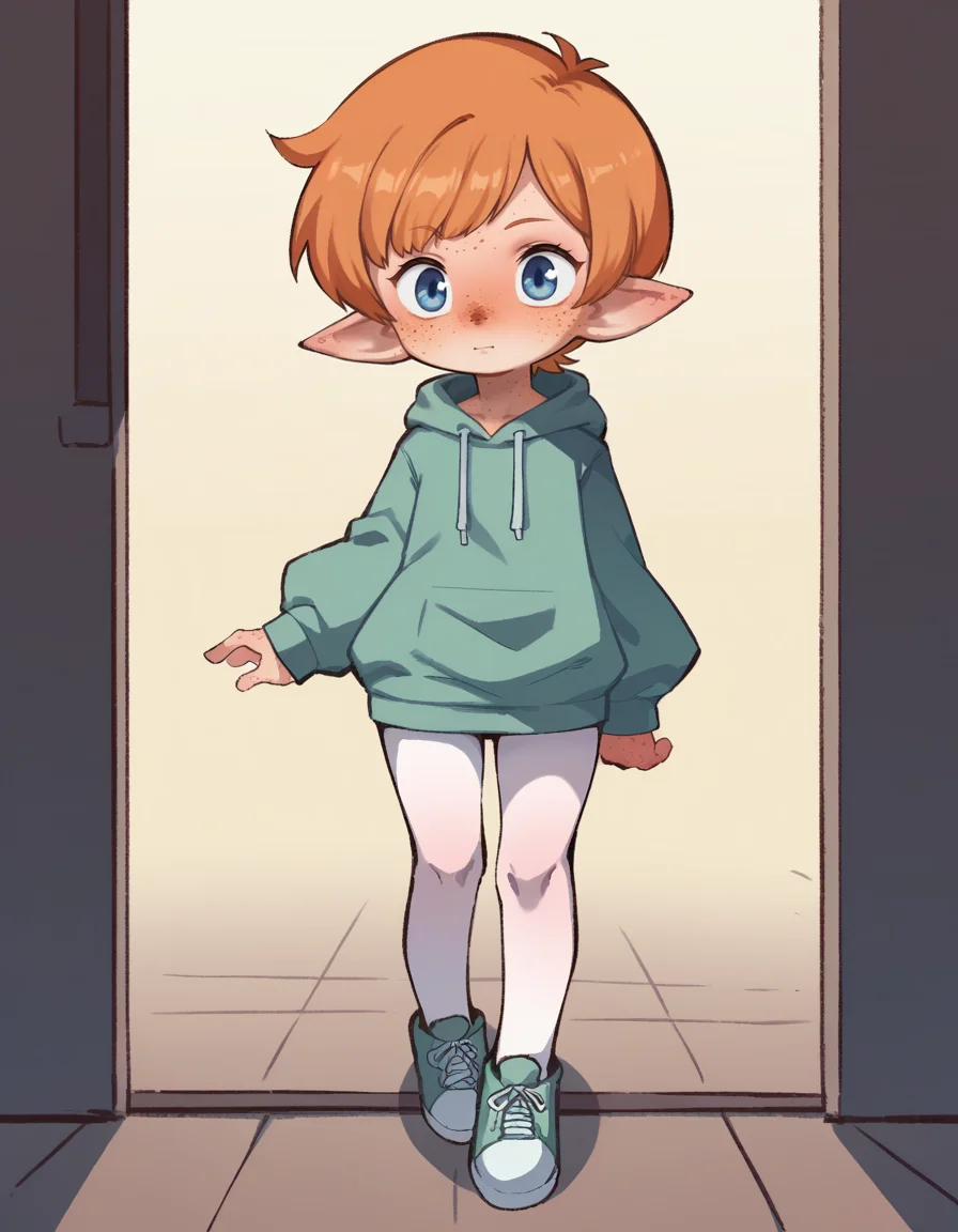 score_9, score_8_up, score_7_up, score_6_up, score_5_up, score_4_up, solo, 1girl, solo,
<lora:Orenji v3:1> orenji, hoodie dress, pantyhose, sneakers, shortstack, <lora:Popipi_v1:0.6> popipi, (lalafell), blue eyes, dark nose, freckles, orange hair, short hair, pointy ears, swept bangs,
