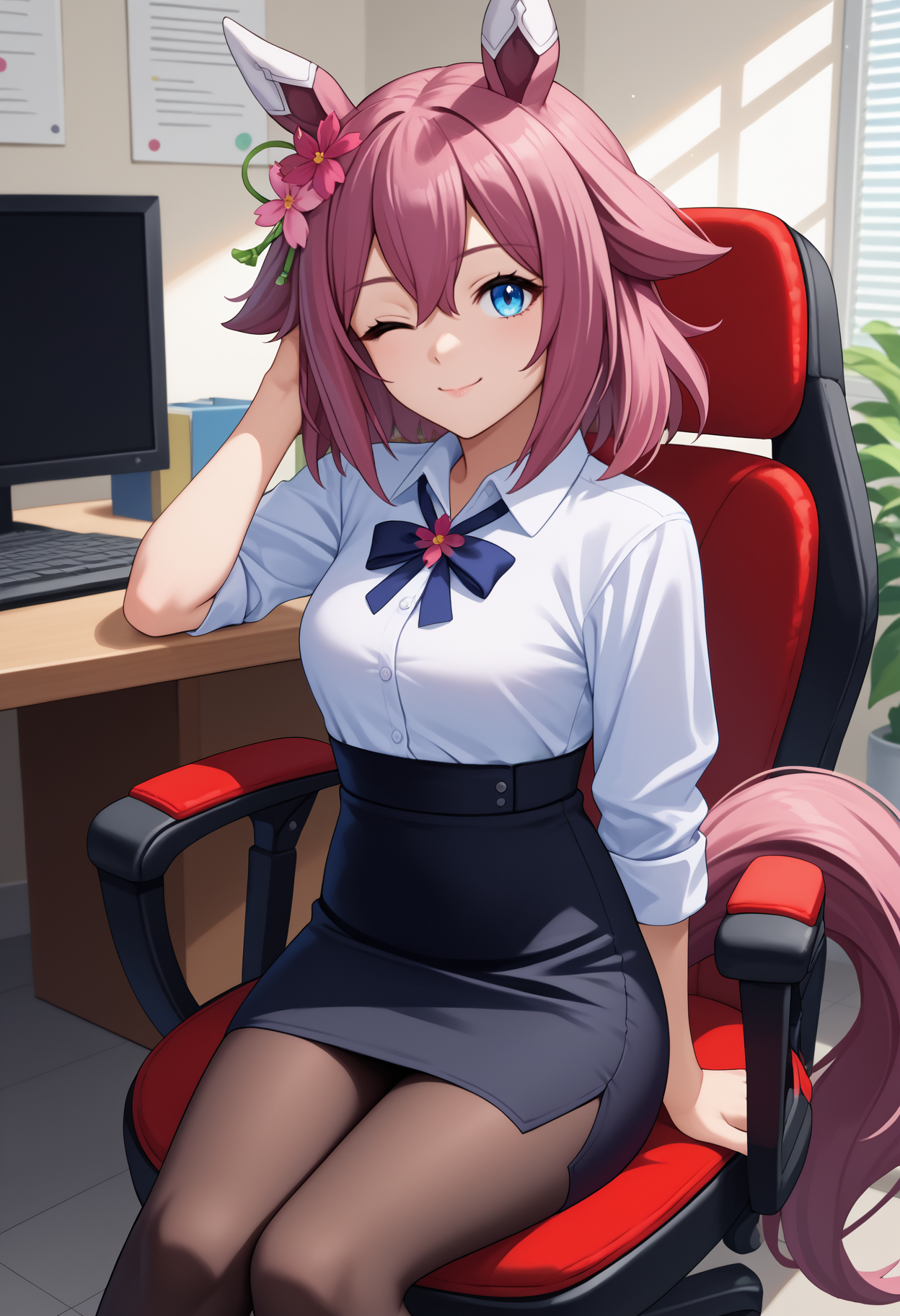 score_9, score_8_up, score_7_up, source_anime, <break> solo, 1girl, skrchyno, horse tail, smile, closed mouth, looking at you, sitting, swivel chair, medium hair, pink hair, hair flaps, hair flower, animal ears, blue eyes, one eye closed, white shirt, collared shirt, black skirt, pencil skirt, black pantyhose, indoors, office
<segment:yolo-face_yolov8m.pt,0.4,0.5//cid=1>