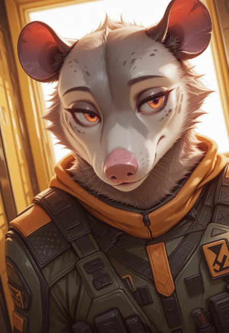 highly detailed, fine fur detail, absurdres, highly-detailed, best quality, masterpiece, very aesthetic, detailed fur, realistic fur, beautiful eyes, detailed eyes, dutch angle, solo, 1boy, W1zzo, opossum 