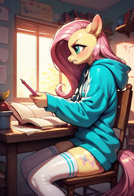score_9, score_8_up, score_7_up, score_6_up, semi-realistic artwork, detailed background, high quality, vibrant colors, best quality rendering, intricate details, high resolution, sharp focus, best render quality, (background-room, study, table, homework, glowing desk light), side view,
1girl, solo, {Fluttershy (anthro pony) long hair, 18 yo, narrow shoulders, skinny, shiny skin,
oversized hoodie, white thigh-high socks,
dynamic pose, sitting chair, doing homework, studying,
shy, pensive, angry,