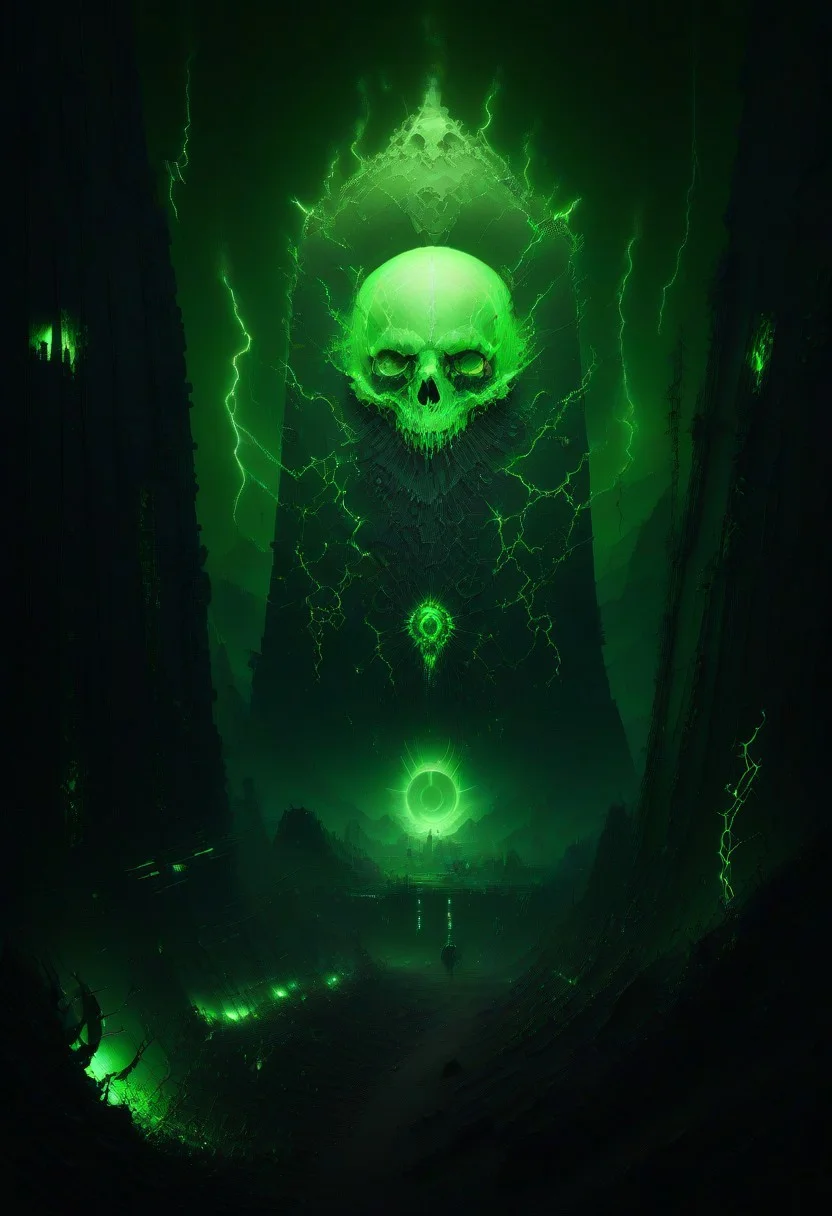 green sun, electricity, green glow, green theme, Necron, giant skull, chaos,