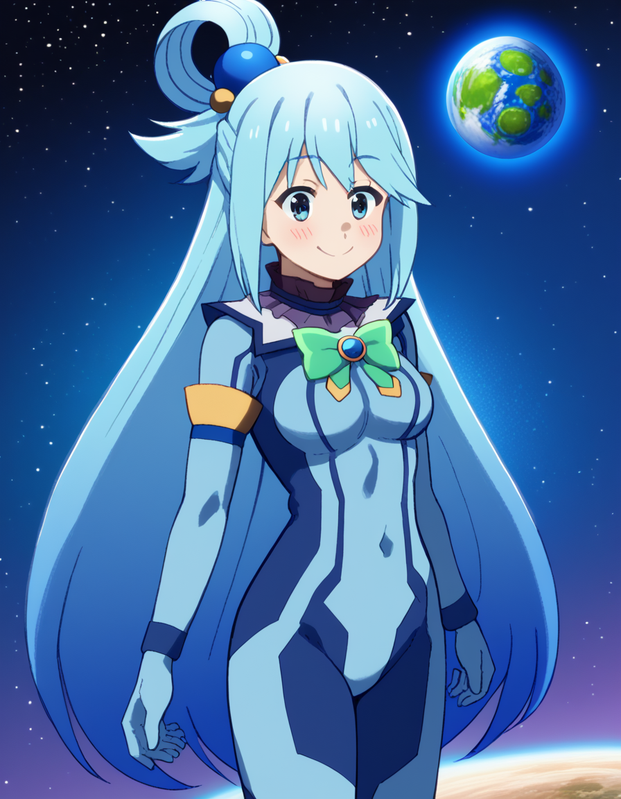 score_9, score_8_up, score_7_up, source_anime, konosubaaqua, <lora:konosuba-aqua-s2-ponyxl-lora-nochekaiser:1>, aqua (konosuba), long hair, blue eyes, hair ornament, very long hair, blue hair, hair rings, single hair ring, hair bobbles,, <lora:samus-aran-cosplay-ponyxl-lora-nochekaiser:1>, samusarancosplay, samus aran \(cosplay\), blue bodysuit, bodysuit, covered navel, skin tight, zero suit,, space, planet, earth \(planet\), star \(sky\), galaxy, nebula, moon, blush, smile,, cowboy shot, dutch angle, solo,