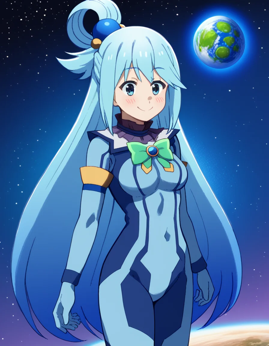 score_9, score_8_up, score_7_up, source_anime, konosubaaqua, <lora:konosuba-aqua-s2-ponyxl-lora-nochekaiser:1>, aqua (konosuba), long hair, blue eyes, hair ornament, very long hair, blue hair, hair rings, single hair ring, hair bobbles,, <lora:samus-aran-cosplay-ponyxl-lora-nochekaiser:1>, samusarancosplay, samus aran \(cosplay\), blue bodysuit, bodysuit, covered navel, skin tight, zero suit,, space, planet, earth \(planet\), star \(sky\), galaxy, nebula, moon, blush, smile,, cowboy shot, dutch angle, solo,