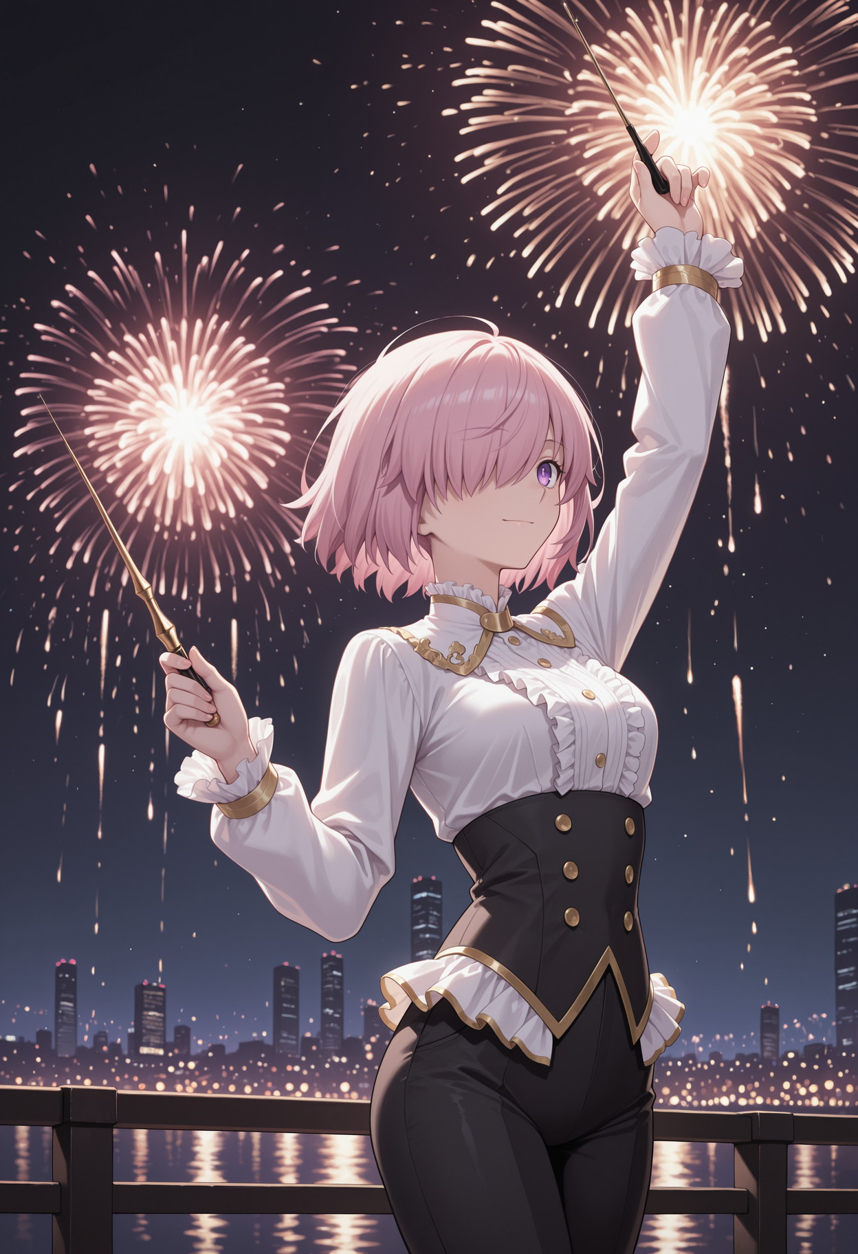 masterpiece, best quality, highres, absurdres, very awa, 1girl, solo, aamash, short hair, pink hair, hair over one eye, black pants, conductor, frills, gold trim, long sleeves, white shirt, fireworks, aerial fireworks, outdoors, arm up, conductor baton, cowboy shot, hand up, holding baton, music, musical note, standing, looking ahead, purple eyes, buttons, night, night sky, city lights, light smile, closed mouth