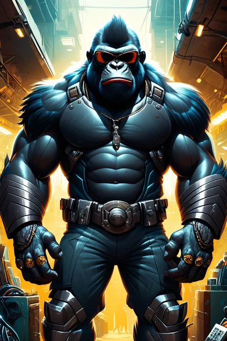 Detailed digital illustration of an anthro Gorilla (Wearing sunglasses, radiating cool confidence) at a Underground cybernetic chop shop with stolen enhancements, <lora:xl_more_art-full_v1:0.5>,  <lora:anthro_muscular:0.7>,  <lora:MJ52:0.6>, <lora:madpunk:0.4> madpunk