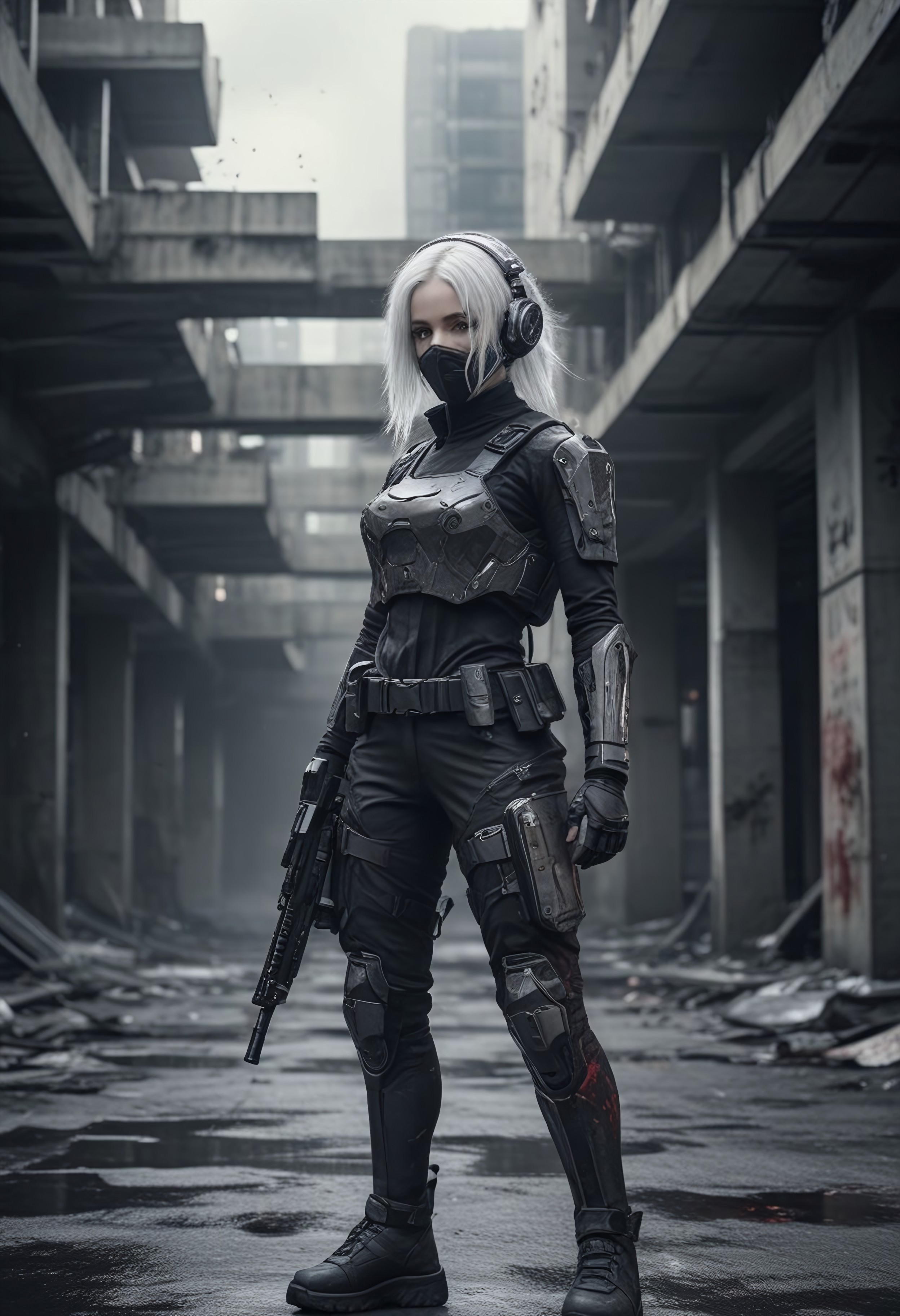 masterpiece,best quality,amazing quality, A vibrant CGI image features a cyborg with helmet, energy weapon, rich in ink and blood splatter and creating a dark, unsettling atmosphere, structure in background, closed eyes, belt, 1girl, gun, weapon, mask, solo, white hair, gloves, assault rifle, rifle, blurry background easynegative, ng_deepnegative_v1_75t