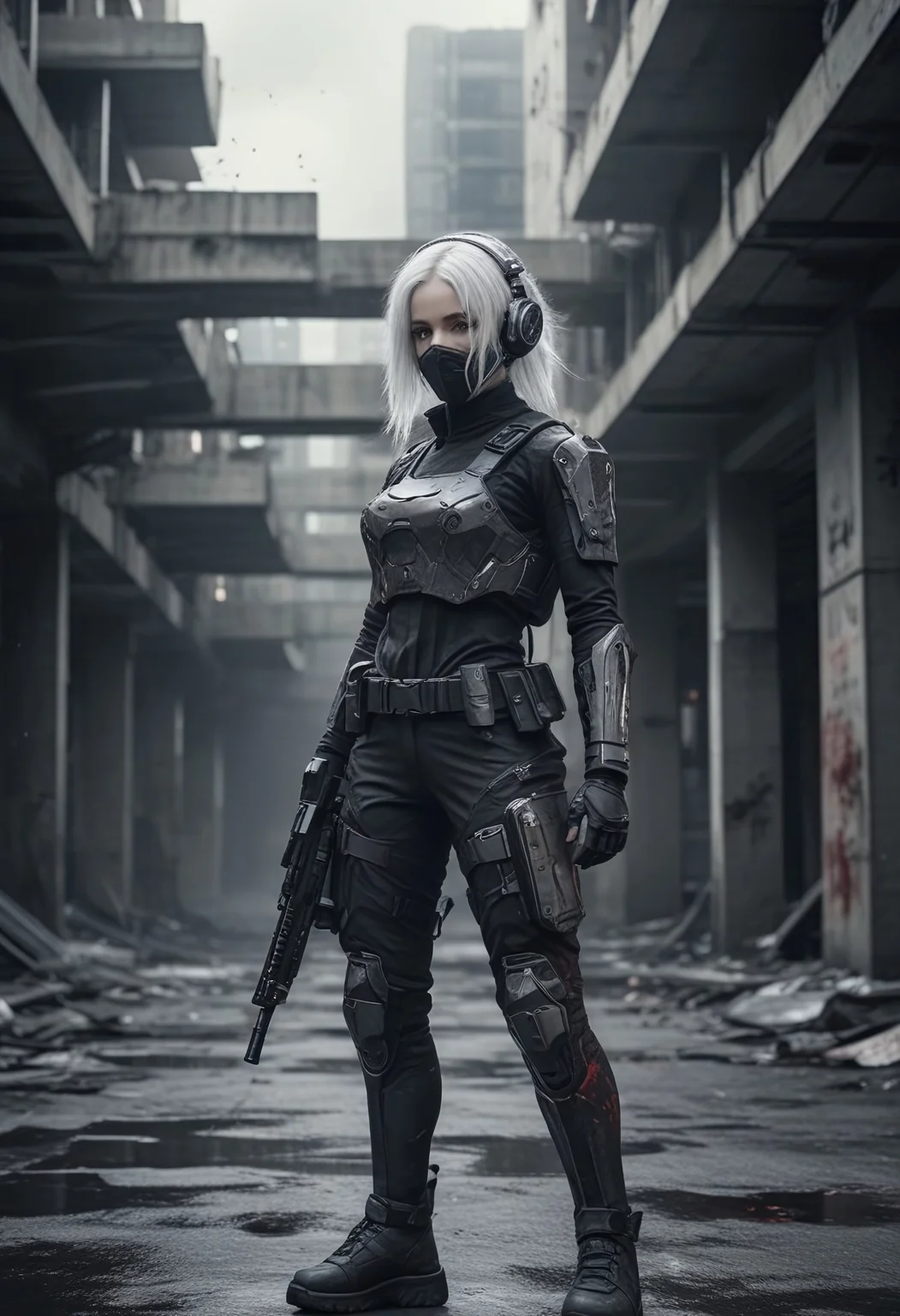 masterpiece,best quality,amazing quality, A vibrant CGI image features a cyborg with helmet, energy weapon, rich in ink and blood splatter and creating a dark, unsettling atmosphere, structure in background, closed eyes, belt, 1girl, gun, weapon, mask, solo, white hair, gloves, assault rifle, rifle, blurry background easynegative, ng_deepnegative_v1_75t