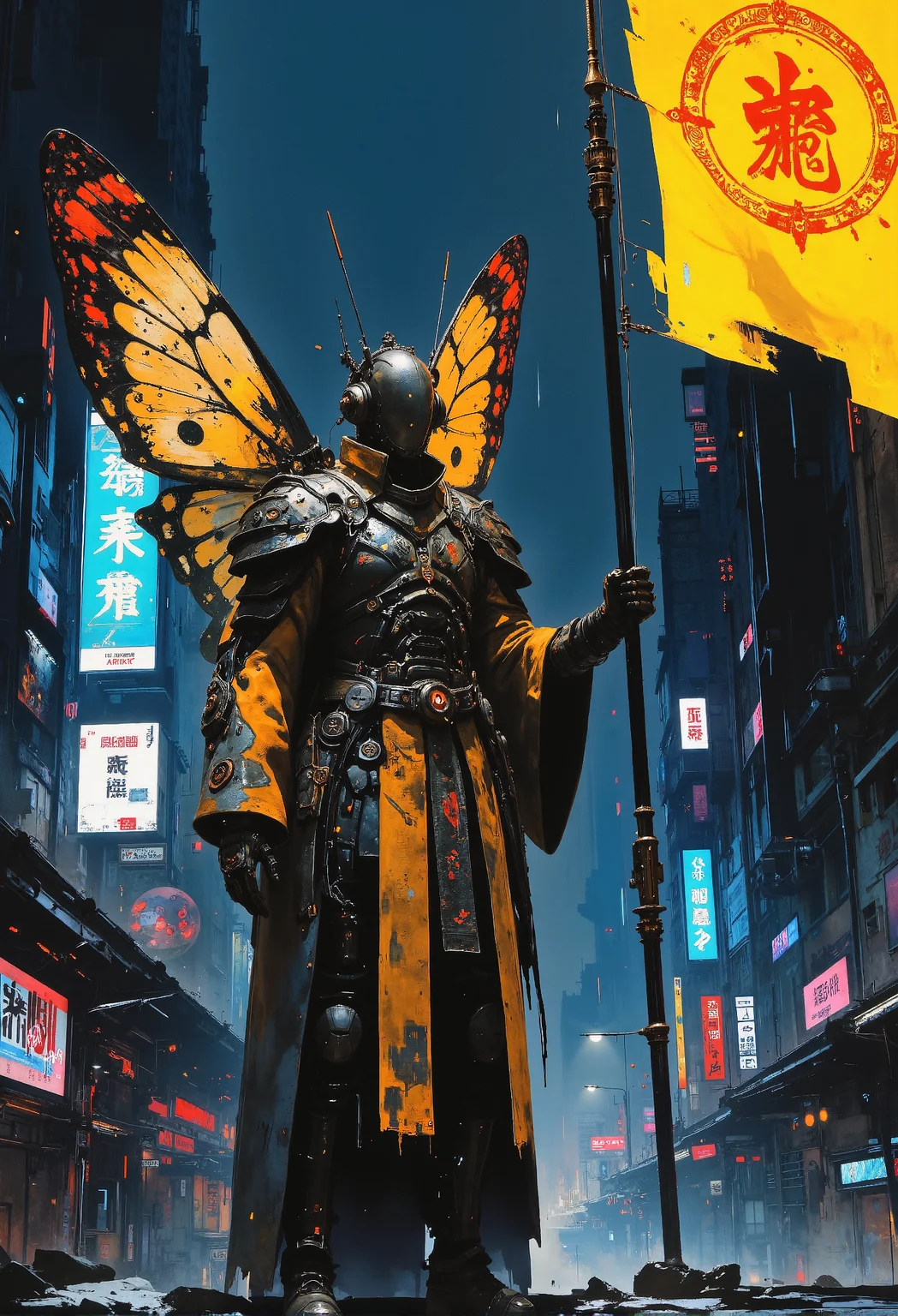 concept art . art by Zdzislaw Beksinski. Create a high-resolution cyberpunk portrait of a samurai-inspired cyborg warrior. The character has robotic, butterfly-like wings, with a metallic, segmented appearance, subtly glowing at the edges. He wears a traditional samurai-style armor, redesigned with futuristic high-tech materials: sleek metallic plates, fiber-optic lights, and holographic elements. In his hand, he holds a long spear with a large flag attached, waving dramatically. The flag features ancient Chinese symbols, intricately designed, glowing slightly in a neon hue. The background is a dark, futuristic cityscape illuminated by neon lights, with rain adding a moody, cinematic effect. epic, glorification, backlit, dramatic lighting, heroic. <lora:artisketchyfs-v02.safetensors:0.75>, <lora:Elden_Ring_-_Yoshitaka_Amano.safetensors:1.0>, <lora:CPA.safetensors:0.65>, <lora:Luminous_Shadowscape-000016.safetensors:0.35>, <lora:Glitchcore_Flux.safetensors:0.4>, . digital artwork, illustrative, painterly, matte painting, highly detailed