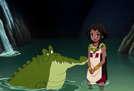 Tick tock crocodile,male animal focus,tail, crocodile , crocodile mouth open,smile ,green skin, blue eyes, Tick Tock the crocodile is giant and very huge size,teeth, crocodile swimming and submerged in the water,Tick Tock the crocodile looking Choi_mochimazzi,Choi_mochimazzi an anime girl, 1girl, looking at viewer, smile, short hair, Choi_mochimazzi sitting down on the crocodile belly. Base - choim, short hair, black hair, red eyes, dark-skinned female,purple eyes, Base Outfit - dress, jewelry, dark skin, necklace, bracelet, wristband, neck ring, anklet, barefoot,river,palm trees, jungle, tropical _island,village, temple,Disney, waterfall,retro_anime, manga,tamako_market