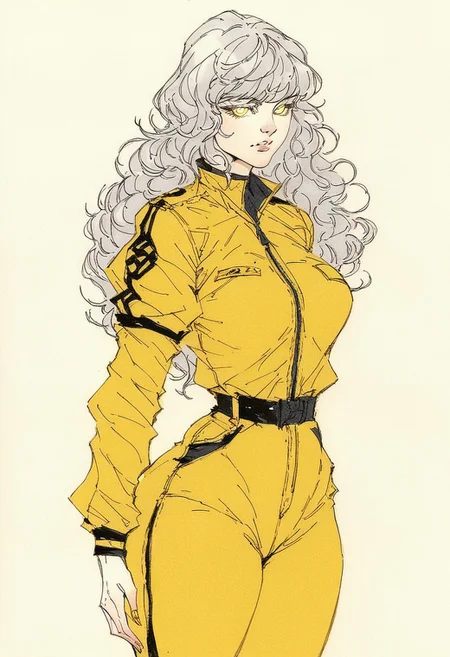 score_9, score_8_up, score_7_up, 1girl, solo, portrait, wavy hair with bangs, silver hair, glowing eyes, shapely body, neon yellow jumpsuit, traditional media, yoji_shinkawa