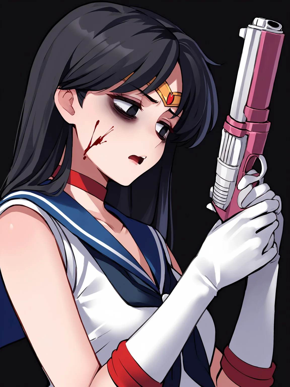 score_9, score_8_up, score_7_up, score_6_up, score_5_up, score_4_up, rating_safe
BREAK
sailor mars, circlet, black hair, black eyes, looking away, tired, half-closed eyes, bags under eyes, sigh, open mouth, looking down, blood on face, blood splatter,
BREAK
solo, portrait, magical girl, red serafuku, from side, holding gun, handgun, blood on weapon,
BREAK
black background, <lora:Lunas-Ebifurya-SDXL-A1:1>