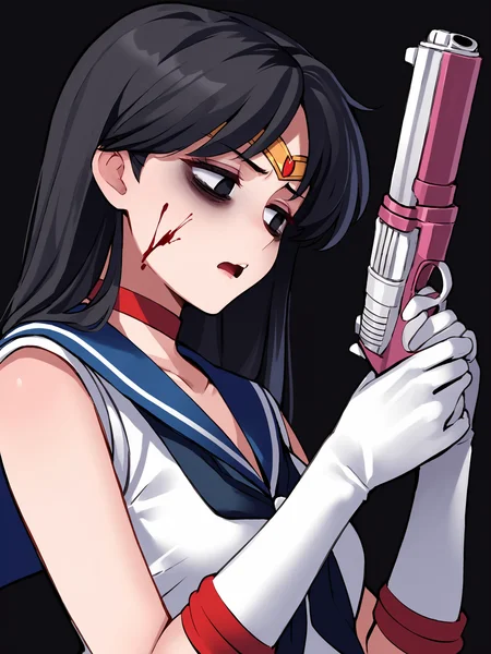 score_9, score_8_up, score_7_up, score_6_up, score_5_up, score_4_up, rating_safe
BREAK
sailor mars, circlet, black hair, black eyes, looking away, tired, half-closed eyes, bags under eyes, sigh, open mouth, looking down, blood on face, blood splatter,
BREAK
solo, portrait, magical girl, red serafuku, from side, holding gun, handgun, blood on weapon,
BREAK
black background, <lora:Lunas-Ebifurya-SDXL-A1:1>