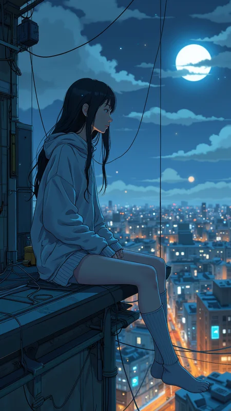 Serene anime-style scene of a young woman sitting on a rooftop at night, gazing at the glowing city below. Her long, dark hair flows in the breeze, soft moonlight reflecting in her gentle eyes. Wearing a cozy oversized hoodie and knee-high socks, her legs dangle over the edge. Vivid anime aestheticsâsoft shading, glowing city lights, smooth gradients, detailed hair highlights, expressive atmosphere, cinematic composition <lora:Blue_Future:1.0> <lora:绪å¿_CG飿»¤éFLUX:0.4>