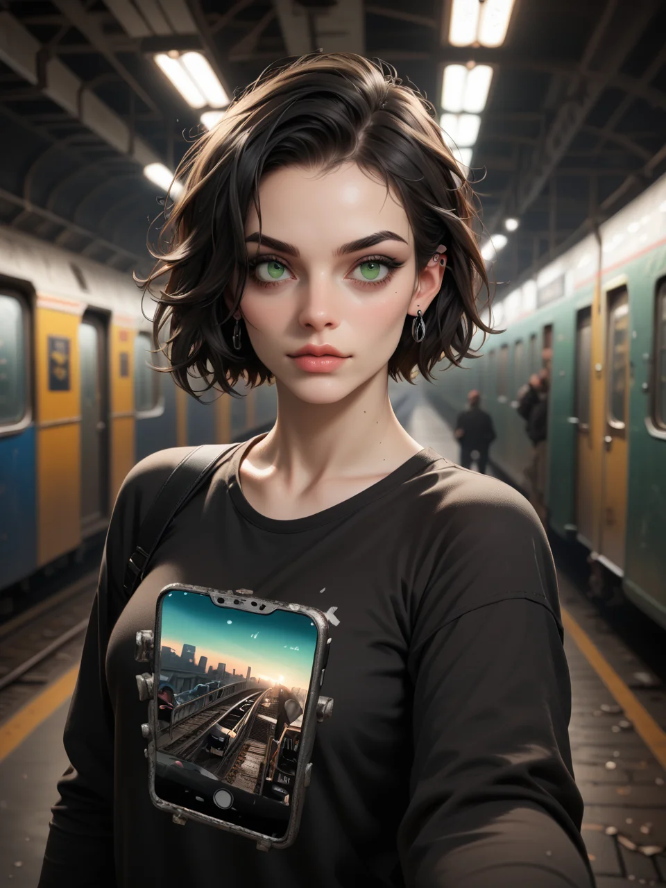 subwayselfie, dramatic, young woman, short hair, spiky hair, black hair, green eyes, piercing eyes, dimly lit, abandoned subway tunnel, crumbling brick walls, fluorescent lights, flickering lights, realistic, selfie, alone, deserted, score_9, score_8_up, score_7_up