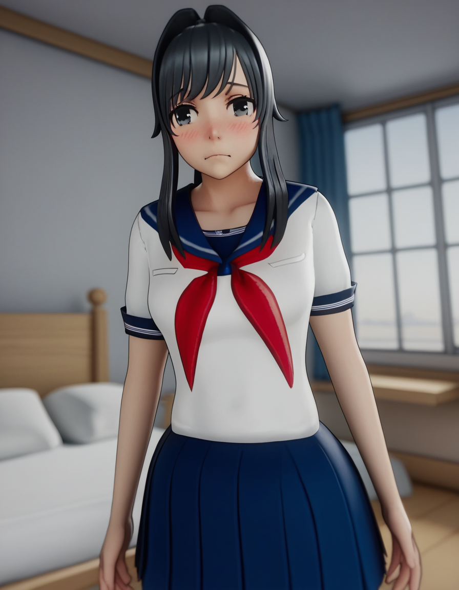 score_9, score_8_up, score_7_up, source_anime, <lora:ayano-aishi-ingame-ponyxl-lora-nochekaiser:1>, ayano aishi, long hair, black hair, black eyes, ponytail, medium breasts, 3d,, skirt, school uniform, serafuku, neckerchief, blue skirt, pleated skirt, sailor collar, short sleeves,, indoors, bed, bed room, on side, blush, drunk,, , , undefined, solo,, cowboy shot, dutch angle