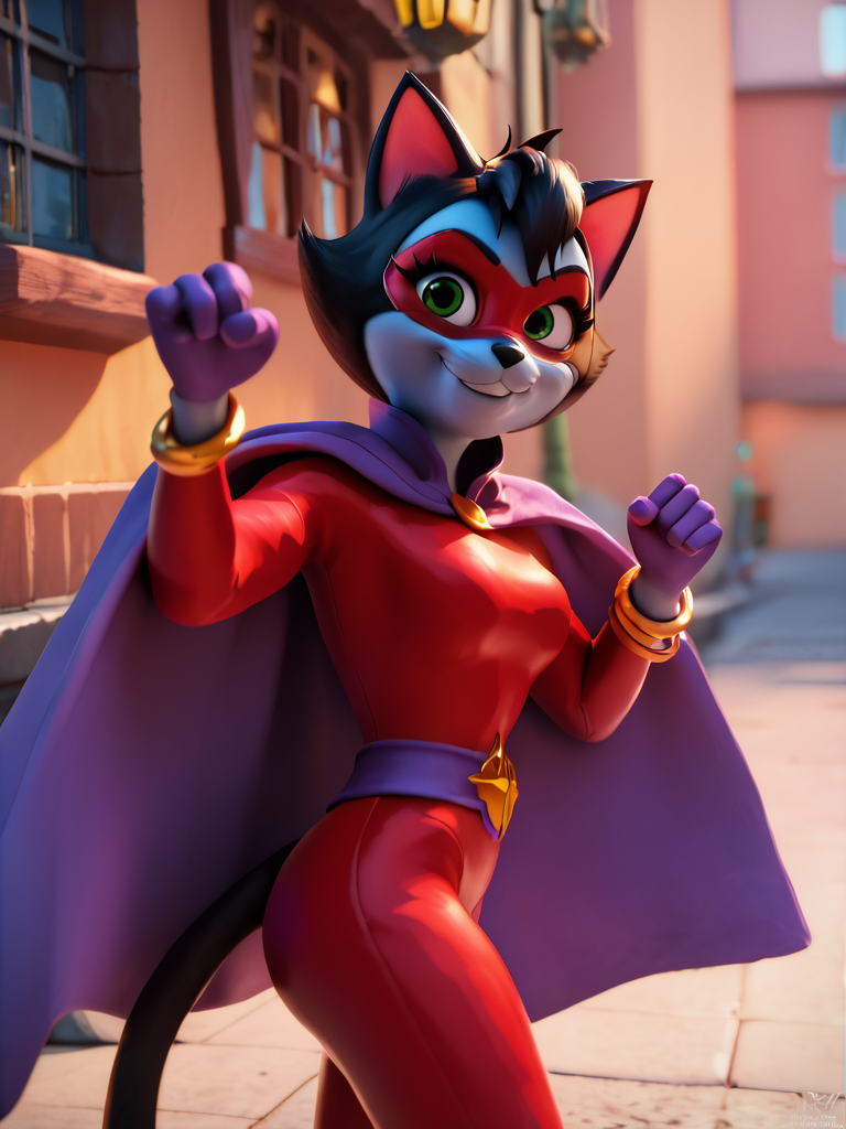 score_9, score_8_up, score_7_up, score_6_up, 1girl, fighting stance, cute pose, city, smile, looking at viewer, smile, cowboy shot, (dynamic pose:1.1), dynamic angle, sexually suggestive, from side, from below,
 <lora:AlleyKat_character:0.85>, Alleykat, cat ears, furry female, tail, short hair, black hair, colored skin, red bodysuit, waist belt, purple gloves, purple cape, purple mask, green eyes, bracelet, <lora:DisneyStudios_style:0.8> DisneyStyleXLP, cartoon, cute, cinematic, 3d