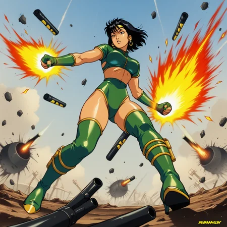 score_9,score_8_up,score_7_up,score_6_up,score_5_up,score_4_up BREAK <lora:black_orchid-v0_pdxl:0.8>,black orchid,1girl,short hair,black hair,green nails,thighhighs,gloves,high heels,thigh boots,green footwear,fingerless gloves,crop top,headband,green leotard,earrings,jewlery,1990s (style),Asian,tonfa,weapon,cover page,action pose,fire,explosions,from below,