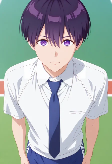 masterpiece, best quality, , (realistic:0.6), looking at viewer, 1boy, solo, male focus, <lora:yuuki_izumi_ilxl:0.92>, yuuki_izumi, purple hair, purple eyes, short hair, bangs, hair between eyes, white shirt, collared shirt, blue necktie, school uniform, , Slim-fit track pants, Baseball henley, Brogues, ,