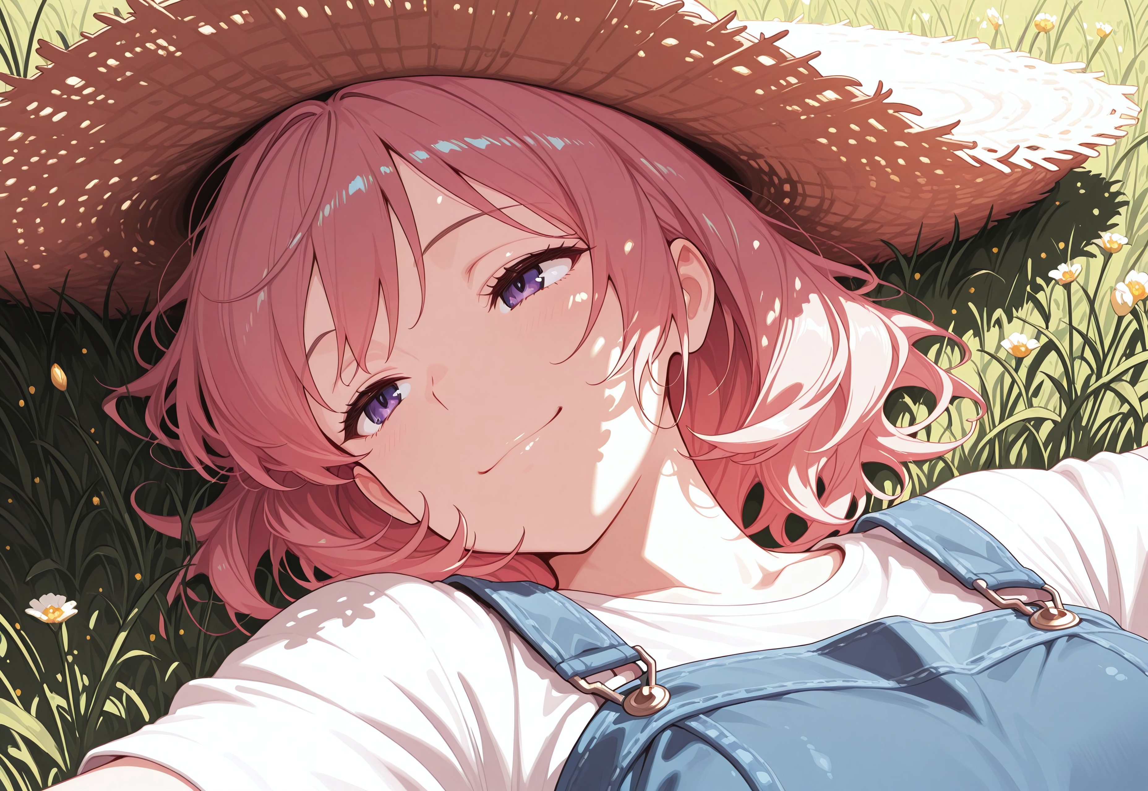 (masterpiece), best quality, amazing quality, very aesthetic, absurdres, newest, medium close up, solo, woman, CivChan, purple eyes, pink hair, blue jean overalls, t-shirt, warm smile, big straw hat, laying in a field of spring wildflowers, eyes half closed, overhead shot, stretched out, taking a nap, letting the spring breeze cool her off after a hard day's work destroying civbot, ultra-detailed, cinematic lighting. <lora:CivChan:1> <lora:add-detail-xl:1>,  Smooth Quality,  <lora:studio_ghibliILL:.8> studio_ghibli
