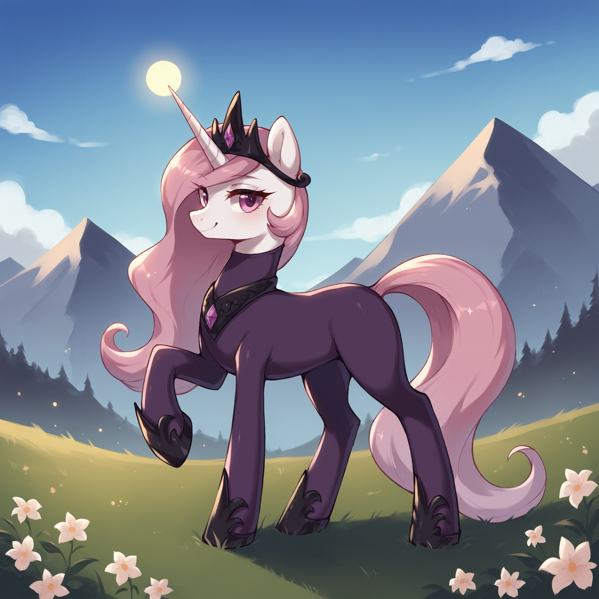 score_9, score_8_up, score_7_up, score_6_up, score_5_up, score_4_up, outdoors, purple (b34n bodysuit:1.2), solo, feral pony, (princess celestia:0.8), black crown, evil smile, closed mouth,BREAK mountain, day, sky, flower, mountainous horizon, blue sky, grass <lora:Smooth Anime Style LoRA XL:1> <lora:b34n-animaginexl-1-000009:1.0>