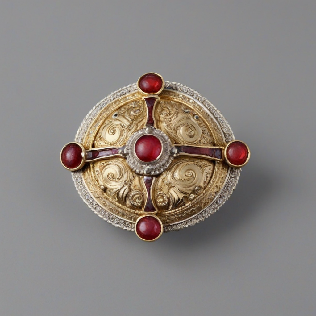 ornate gold and silver brooch with red stones and anima (boar:1.5) motif <lora:XL_Anglo-Saxon_Brooches_XL:1.2>