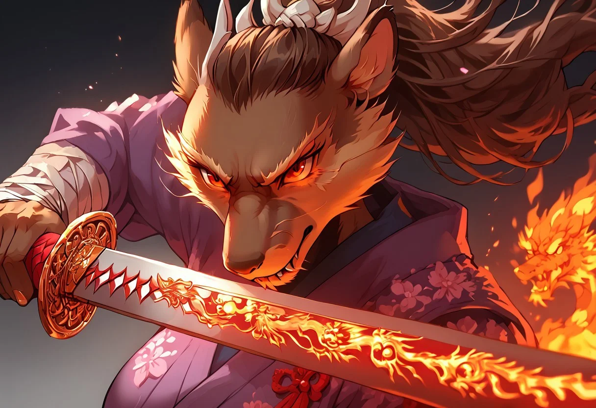 by e-zoid, score_9, score_8_up, score_7_up, high quality, Expressiveh, chinese temple, close view,
1girl, Fem_splinter, furry female, rodent, red eyes, brown fur, brown skin, kimono, bandages, big breasts, focused face, fighting stance, wielding sword, fire sword, fire dragon swirling around the blade, chinese symbol on sword, Dragon Samurai,