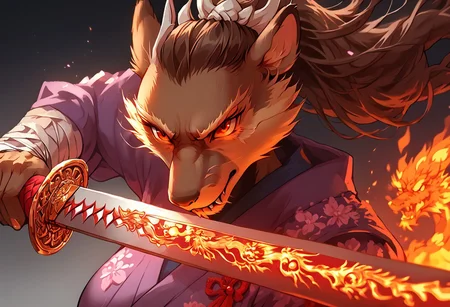 by e-zoid, score_9, score_8_up, score_7_up, high quality, Expressiveh, chinese temple, close view,
1girl, Fem_splinter, furry female, rodent, red eyes, brown fur, brown skin, kimono, bandages, big breasts, focused face, fighting stance, wielding sword, fire sword, fire dragon swirling around the blade, chinese symbol on sword, Dragon Samurai,