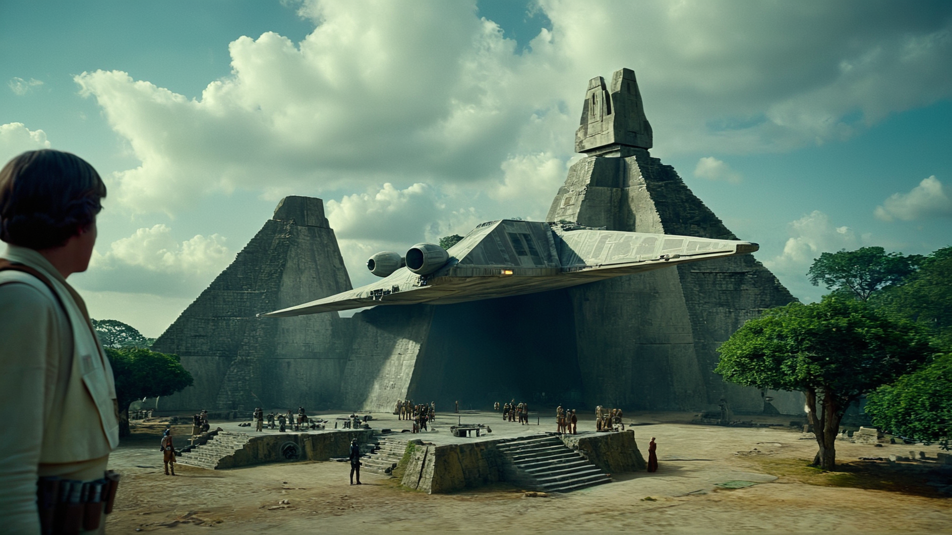 cinematic film still of  <lora:star wars style:0.2>
<lora:detailed:0.4> detailed
<lora:perfection style:0.4> perfect
<lora:PerfectEyesXL:0.5>
 <lora:Chiaroscuro Lighting Style:0.3>
 <lora:Yavin 4:0.9>
Yavin 4 a large stone structure with a staircase and a ramp,in star wars style,outdoors,sky,day,cloud,tree,no humans,sunlight,nature,scenery,aircraft,airplane,ruins,vehicle focus, shallow depth of field, vignette, highly detailed, high budget, bokeh, cinemascope, moody, epic, gorgeous, film grain, grainy