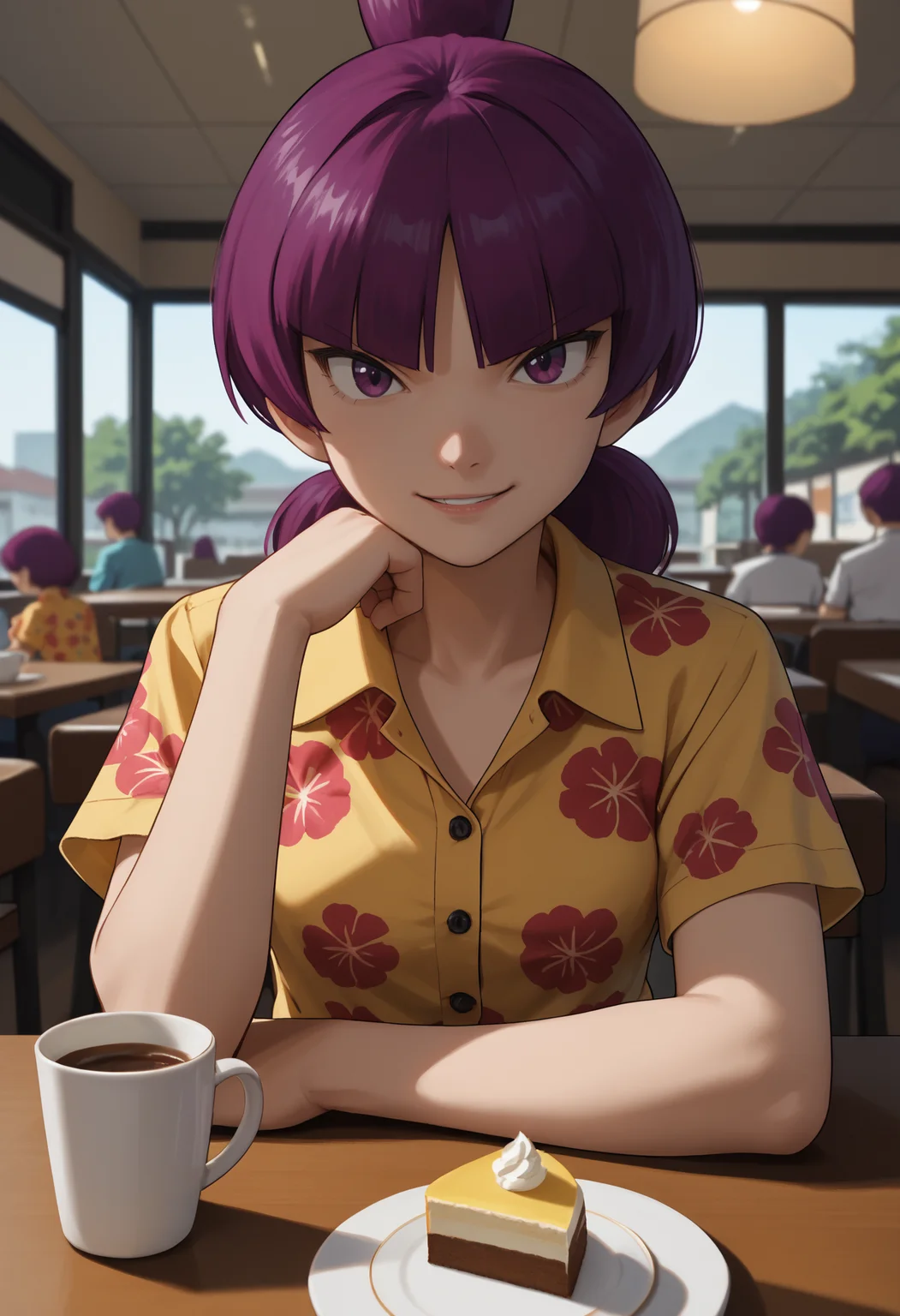 score_9, score_8_up,score_7_up, source_anime, 1girl, solo, <lora:Jptr_pdxl_EliPot:1>, gingadanjupiter, purple hair, purple eyes, medium hair,
hawaiian shirt, dress shirt, unbuttoned, multicolored shirt, purple shorts, looking at viewer, pov across table, pov, table, cafe, coffee, upper body, elbow rest, seductive smile, smirk, parted lips, cake indoors,