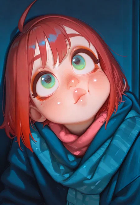 artist:moriimee, detailed face,face focus, looking up, thinking, curious, head tilt, finger to mouth, ultra-detailed-eyes,glossy lips,beautiful eyes,long eyelashes,big eyes,detailed eyes,perfect eyes,detailed iris,sharp jawline,detailed background, masterpiece,amazing quality,best quality,good quality,newest,highres,absurdres,volumetric lighting,gradient color,raytracing,ambient occlusion,very awa,very aesthetic,absurdres, scenery, volumetric lighting,1girl, stylized girl, exaggerated facial proportions, large round face, small pursed lips, dramatic arched eyebrows, playful pout expression, short hair, green eyes, red hair, thick eyebrows, short white eyebrows, antenna hair, ahoge, , bold red eyeshadow, long thick black eyelashes, warm blush on cheeks, oversized thick sweater and scarf gradient of warm and cool colors, soft pink, corals, cozy, warm, muted blue background high-quality fabric, prickly wool, soft and diffused lighting, smooth plastic-like skin texture, semi-realistic digital painting, high detail, cinematic character portrait <lora:bikabaka> <lora:Illustrious_USA3710_Style_LORA_2> us4styl3, <lora:Rapscallion_IllustriousV1> <lora:tomaco_ill> <lora:nyalia_NoobXL>