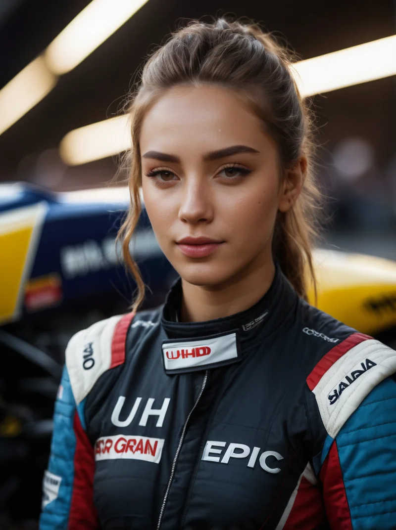 A portrait photograph of Amanda_Larsson_P_MXAI_SDXL , wearing a full race-car driver suit, standing next to a race-car, winking expression,, (((Ultra-HD-details, Ultra-HD-detailed, Ultra-HD-realistic, Ultra-HD-photo-same-realistic-quality-details))), SK_CINEMATIC, ziprealism