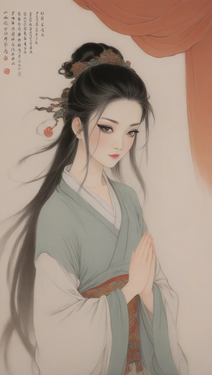 XCYP Ancient Character Painting,illustration stylea Chinese girlCover your face with simlebehind a silk curtain, frontview, half body short.exquisite clothing detail, (Long hair.), Avatar close-up: 1.5), Leave a lot of white space, zen, illustrations, graphic, Minimalism,(Shining God's Eyes: 1.8),<lora:é²å䏿´¾@彩墨ç¥è¯XL:1>,